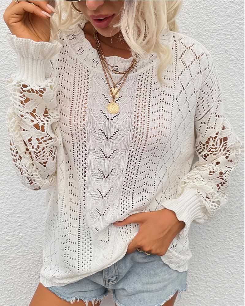Floral Lace Pointelle Knit Sweater
