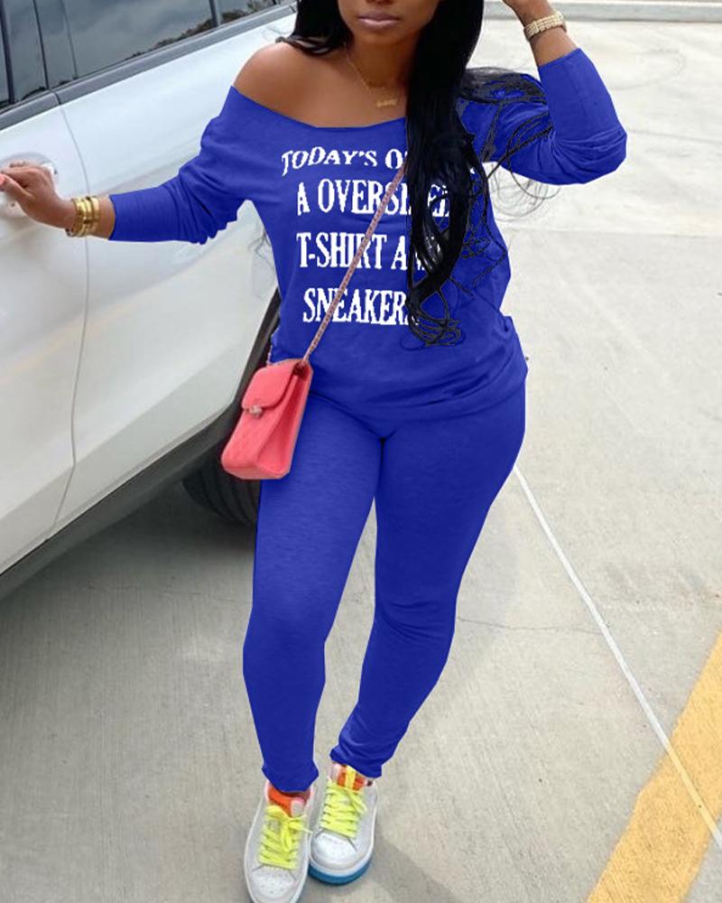 Letter Print Boat Neck Top & Pants Set-Pinkami