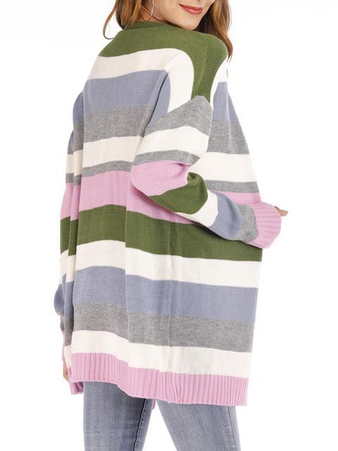 Stripe Splicing Knitted Sweater Cardigan-Pinkami