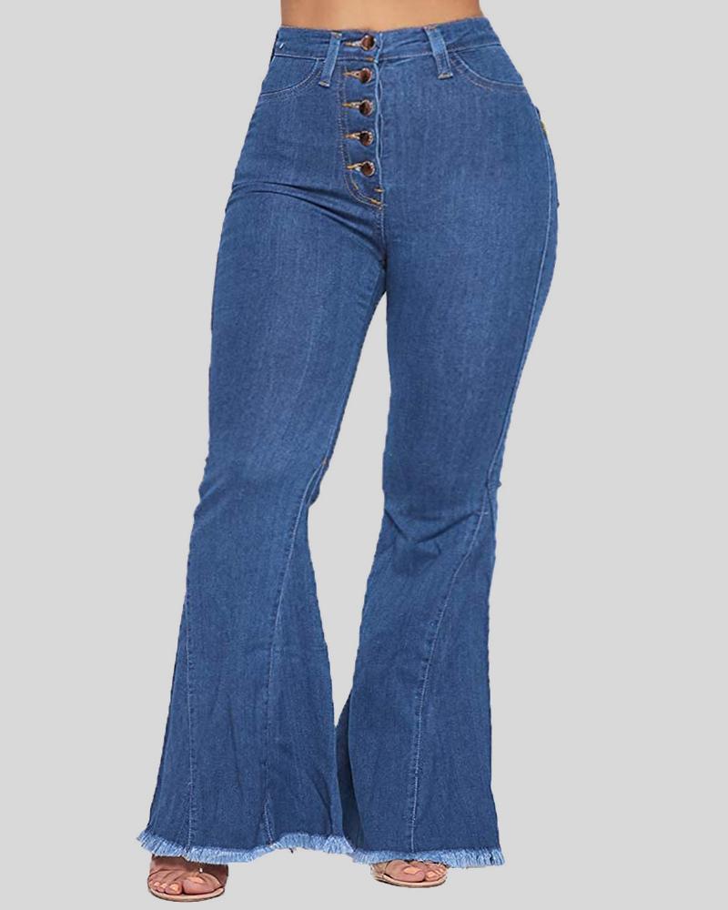 Women High Waist Raw Hem Button Front Flare Jeans-Pinkami
