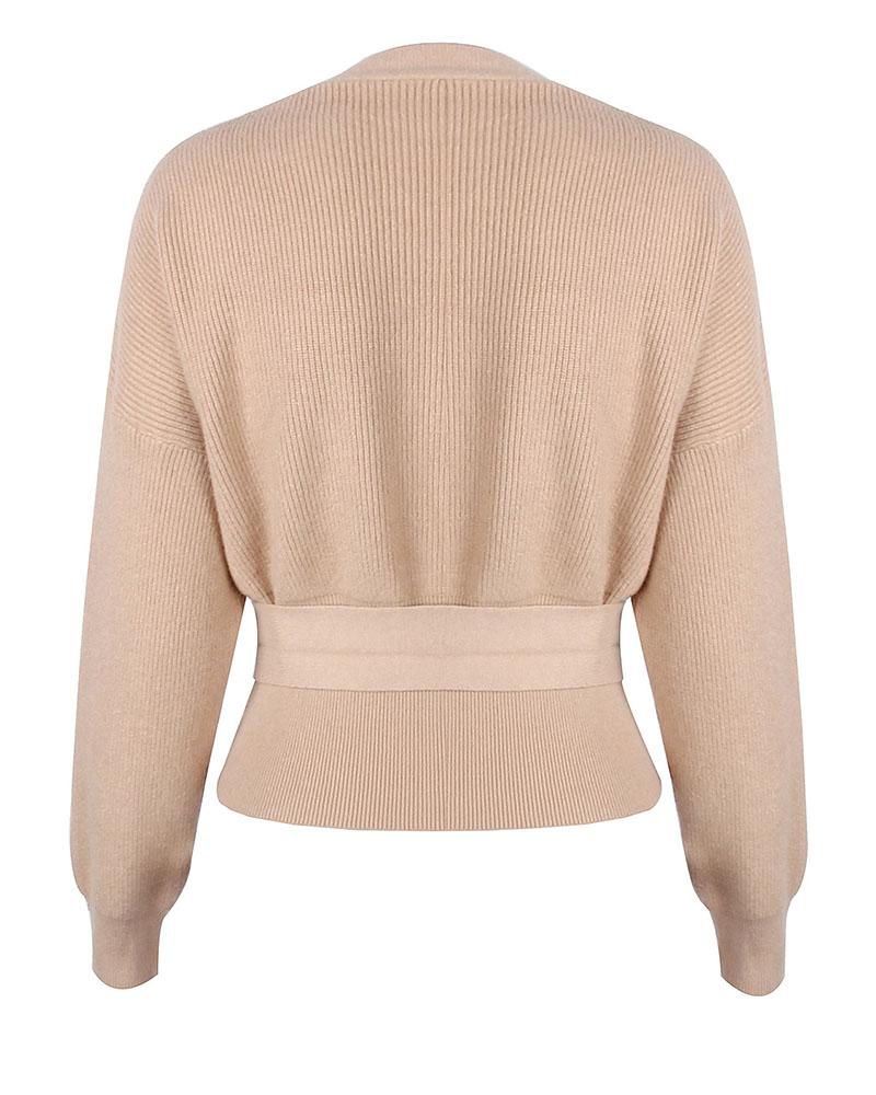Rib-knit Belted Decor Button Trim Surplice Neck Sweater-Pinkami