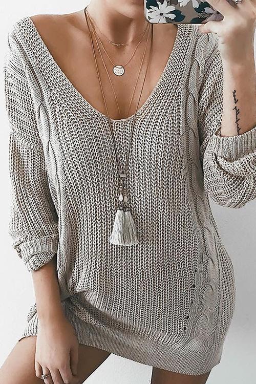 Casual Knit V-neck Sweater-Pinkami