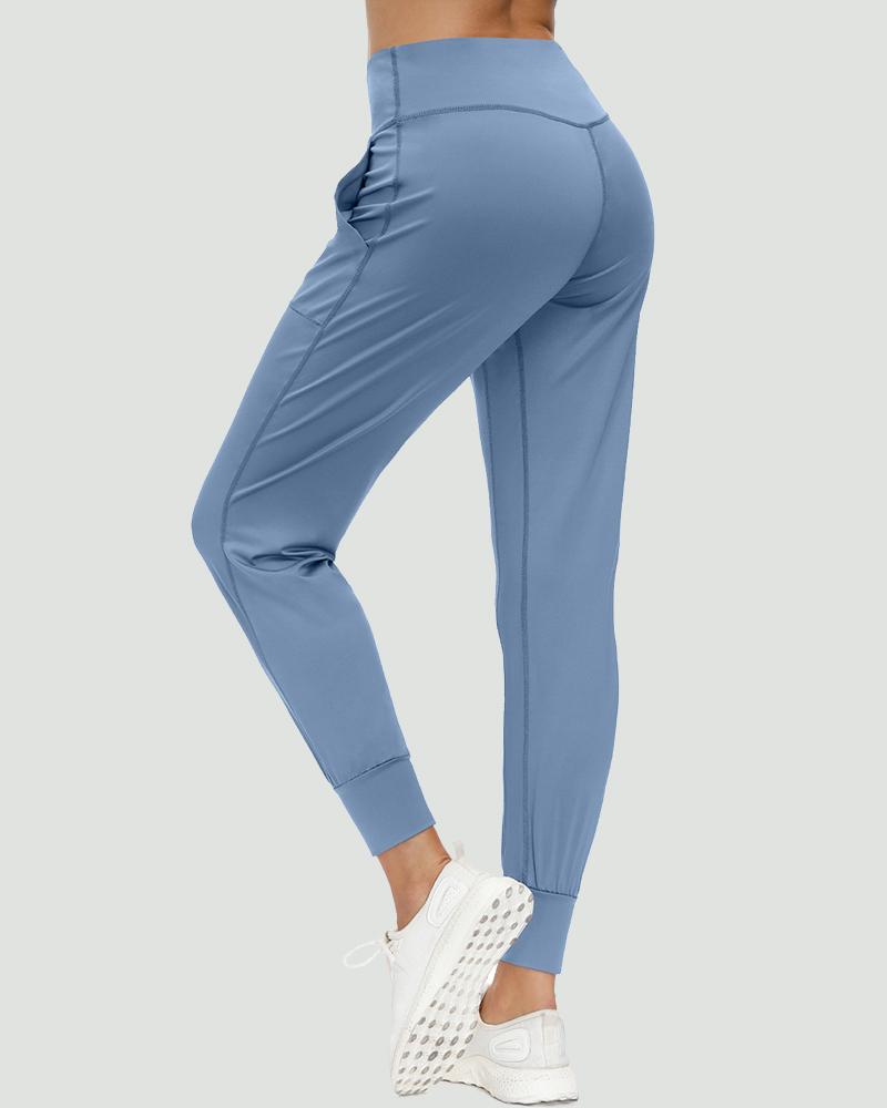 Slant Pocket Wide Waistband Elastic Hem Sports Leggings For Women-Pinkami