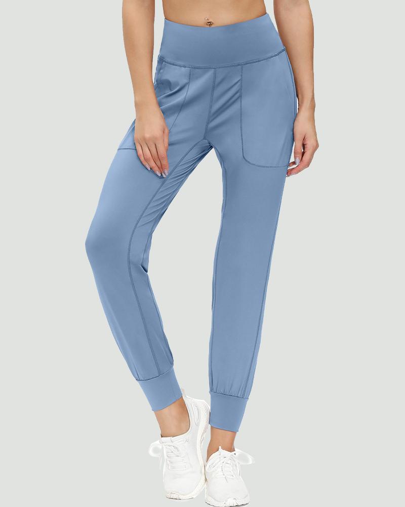 Slant Pocket Wide Waistband Elastic Hem Sports Leggings For Women-Pinkami