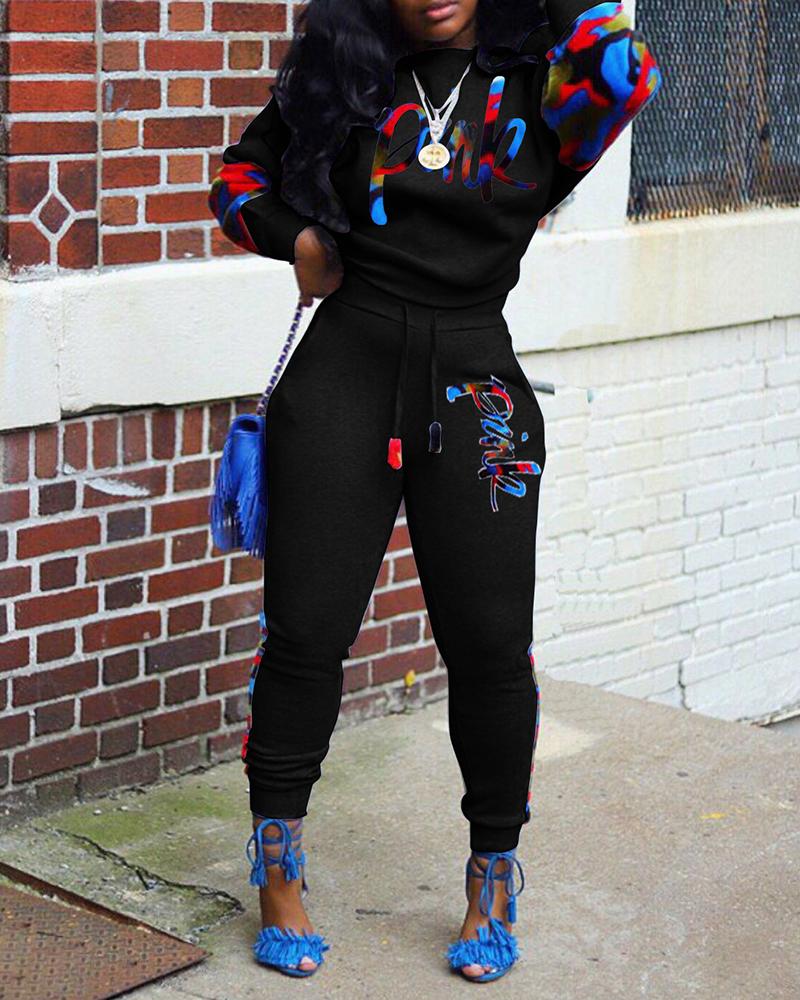 Letter & Camo Print Drawstring Waist Top & Pants Set-Pinkami