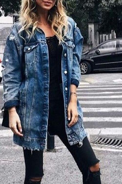 Medium Long Hole Denim Jacket Trench Coat-Pinkami