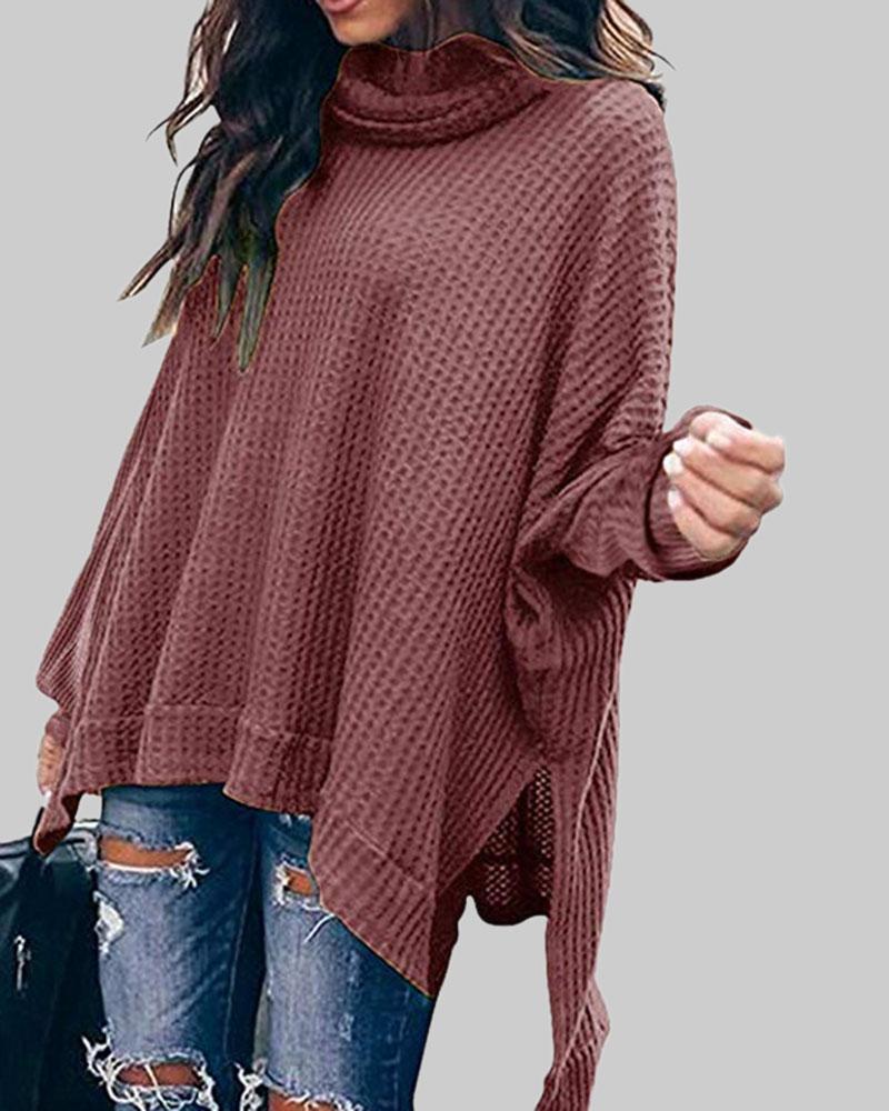 Solid Split Hem High Neck Sweater-Pinkami