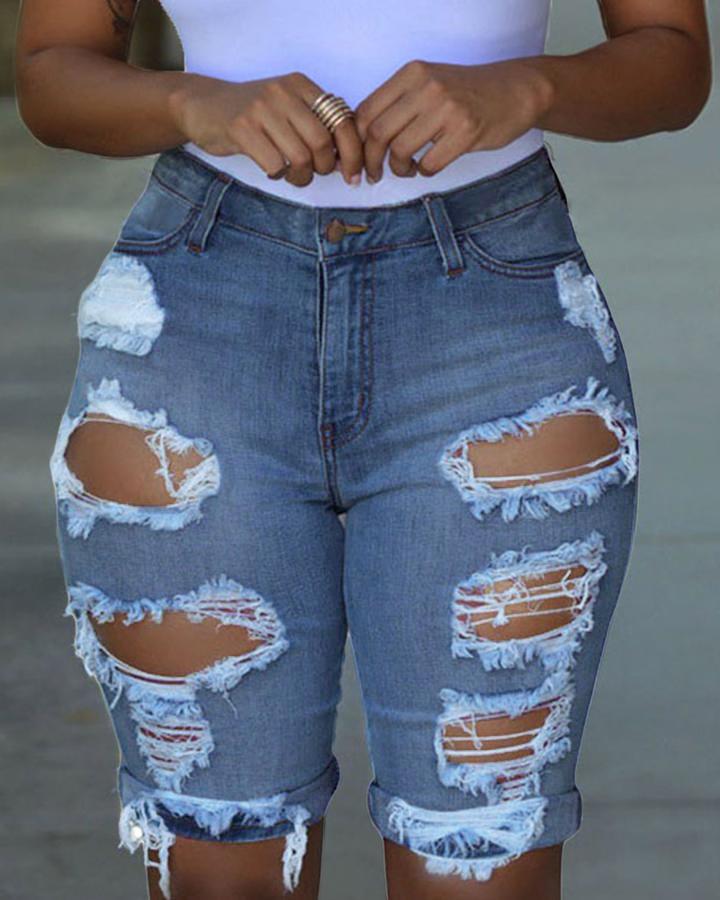 Women Extreme Distressed Roll Up Hem Denim Shorts-Pinkami