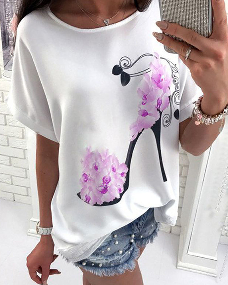 Floral & High Heel Print Drop Shoulder T-Shirt-Pinkami