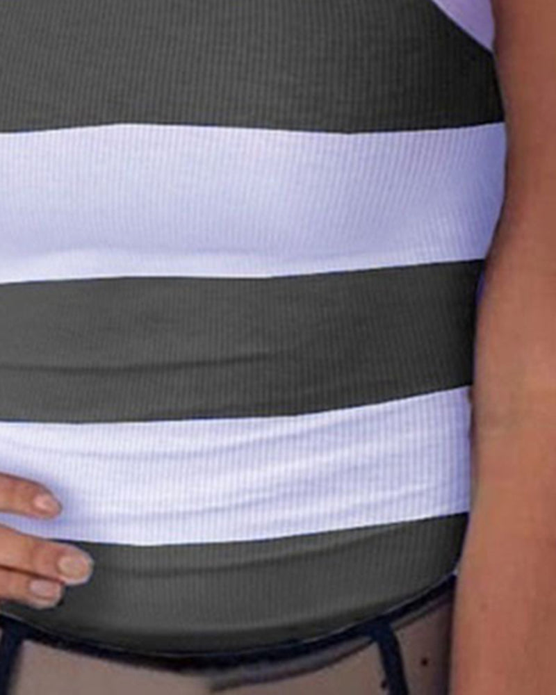 Striped Pattern Sleeveless Ribbed Tank Top-Pinkami