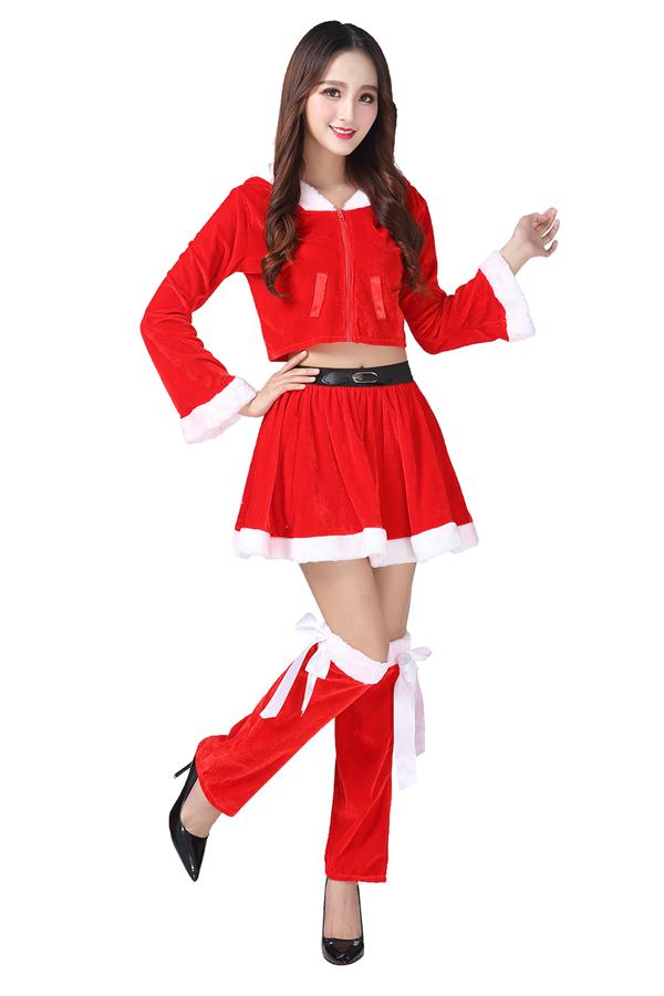 Cute Fur Trim Hooded Santa Claus Christmas Costume Red-Pinkami