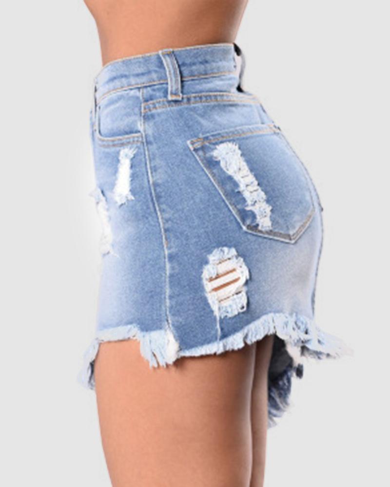 Women Ripped Raw Edge Asymmetrical Hem Denim Skirt-Pinkami
