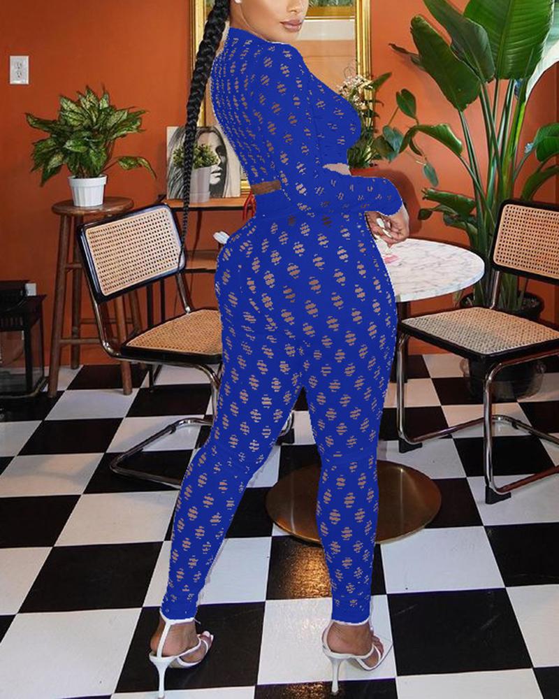 Hollow Out Long Sleeve Mock Neck Top & Pants Set-Pinkami