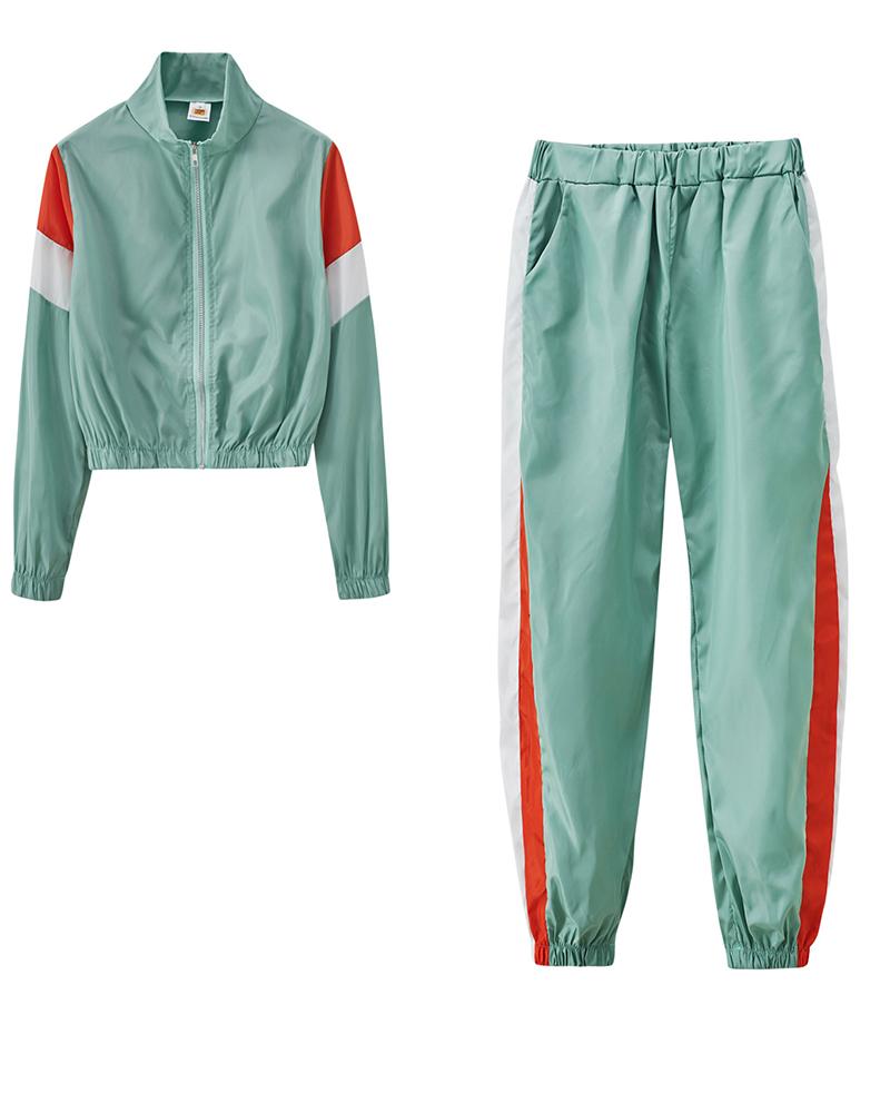 Colorblock Pocket Detail Zip Front Top & Pants Set-Pinkami