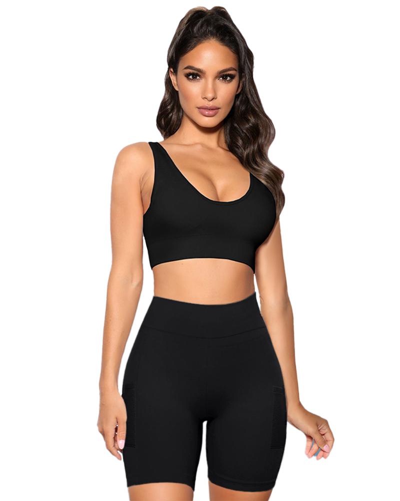 Solid Seamless High Waist Pocket Decor Sports Shorts-Pinkami