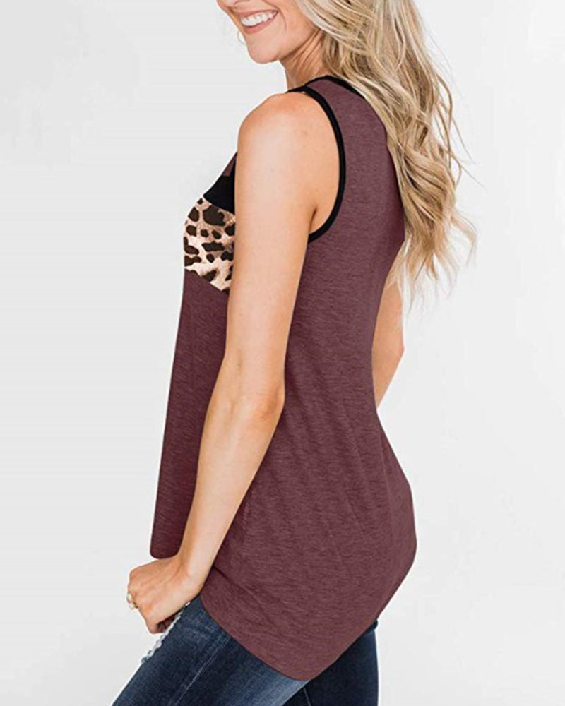 Leopard Contrast Binding Tank Top-Pinkami