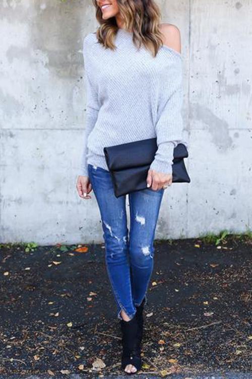 Off-the-shoulder Bat Sleeve Sweater-Pinkami