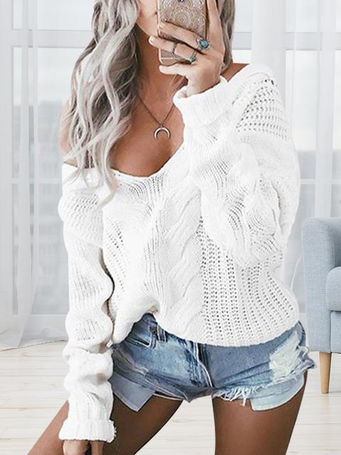 Solid Color V-neck Twist Pullover Sweater-Pinkami