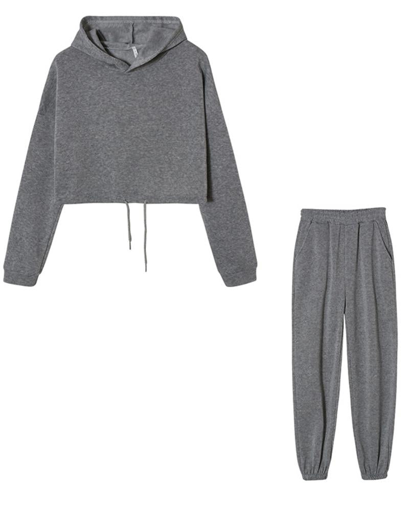 Solid Drawstring Elastic Hem Hooded Top & Pants Set-Pinkami