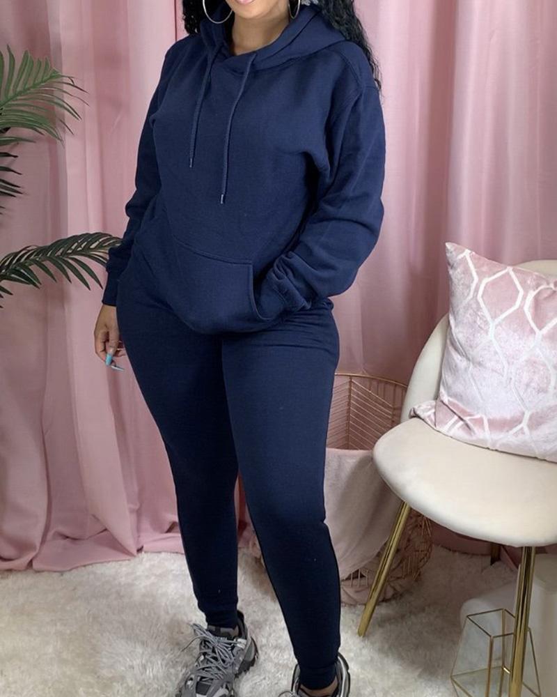 Solid Kangaroo Pocket Drawstring Hoodie & Pants Set-Pinkami