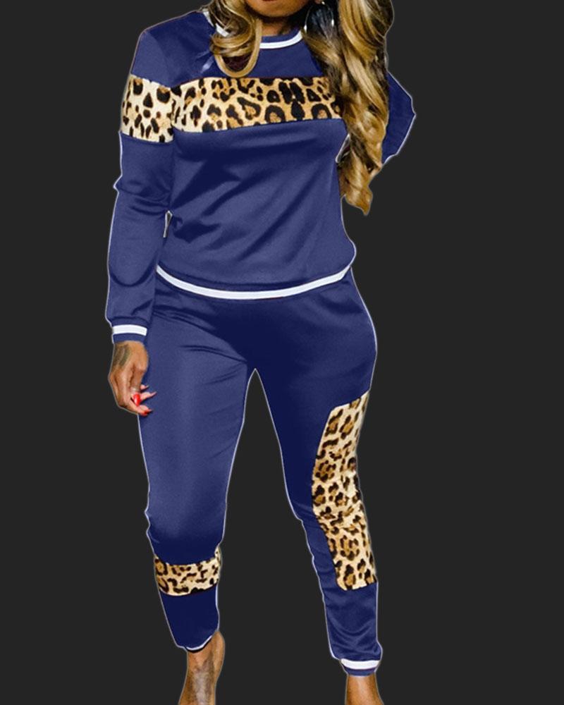 Striped Leopard Print Top & Pants Set-Pinkami