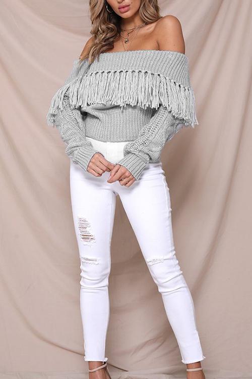 Tassel Word Collar Off-shoulder Sweater-Pinkami