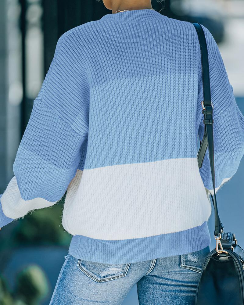 Colorblock Rib-Knit Round Neck Sweater-Pinkami