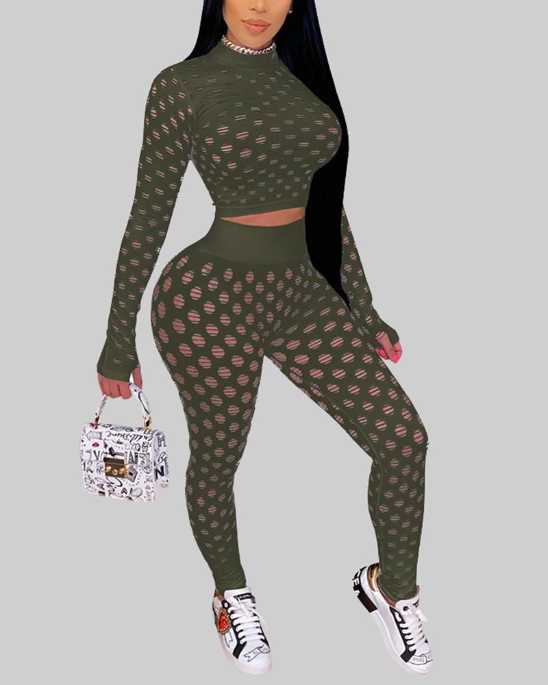 Hollow Out Long Sleeve Mock Neck Top & Pants Set-Pinkami