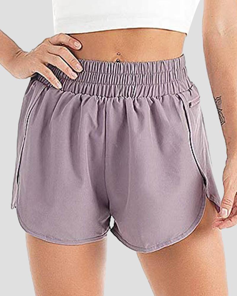 Pocket Decor Overlap Hem High Waist Sports Shorts-Pinkami