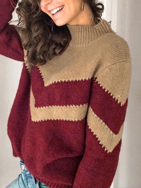 Contrast Half High Neck Regular Sweater-Pinkami