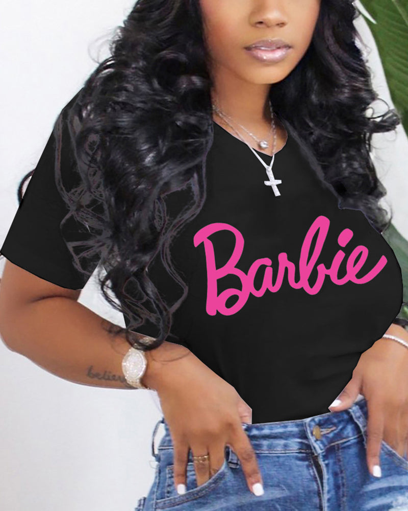 Letter Print Round Neck Short Sleeve T-Shirt-Pinkami