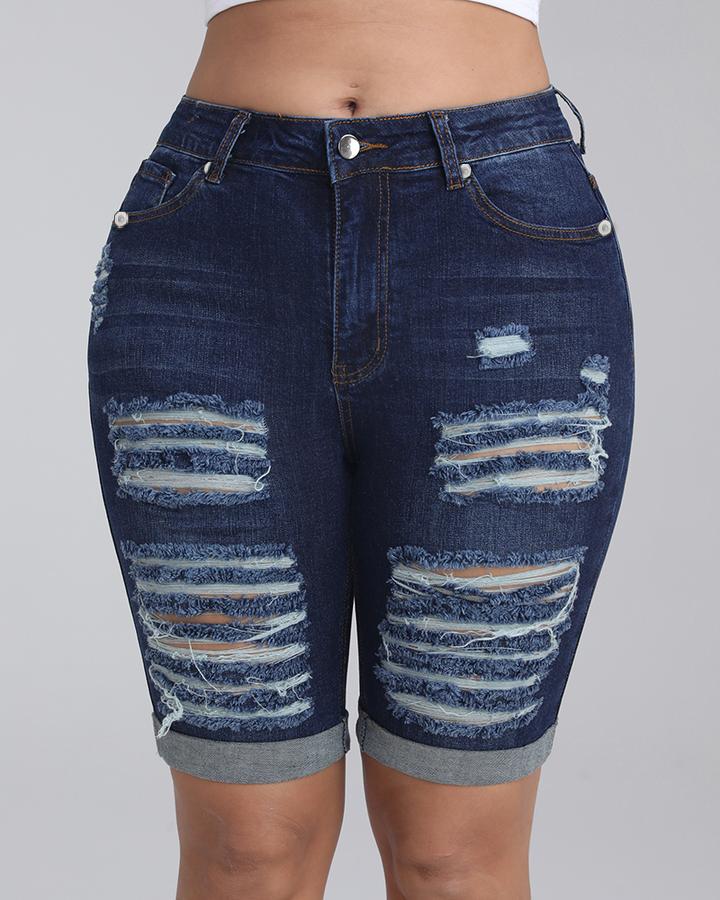 Women Ripped Zip Fly Pocket Detail Rolled Cuff Demin Shorts-Pinkami