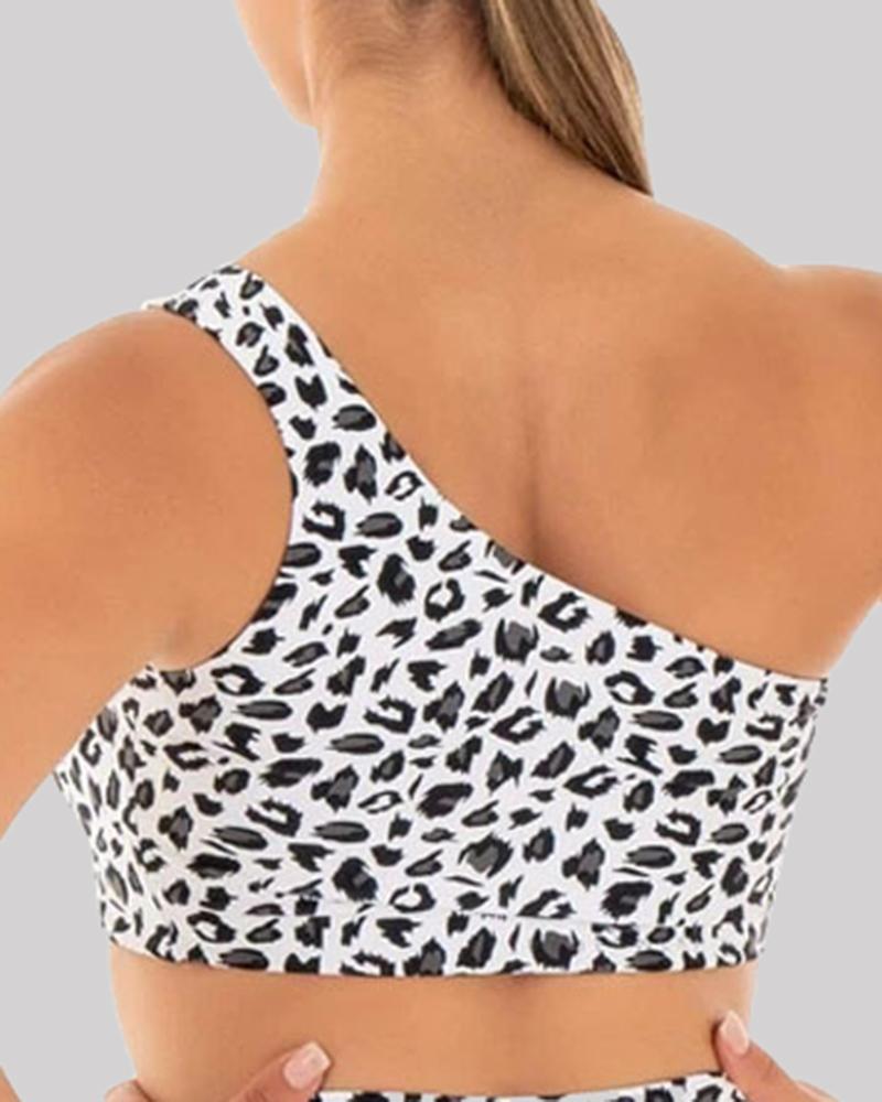 Leopard Print One Shoulder Sports Bra-Pinkami