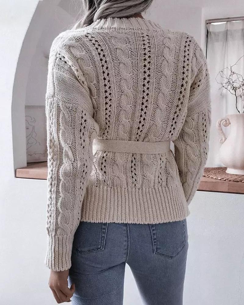 Solid Cable Knit Button Up Self-Tie Sweater-Pinkami