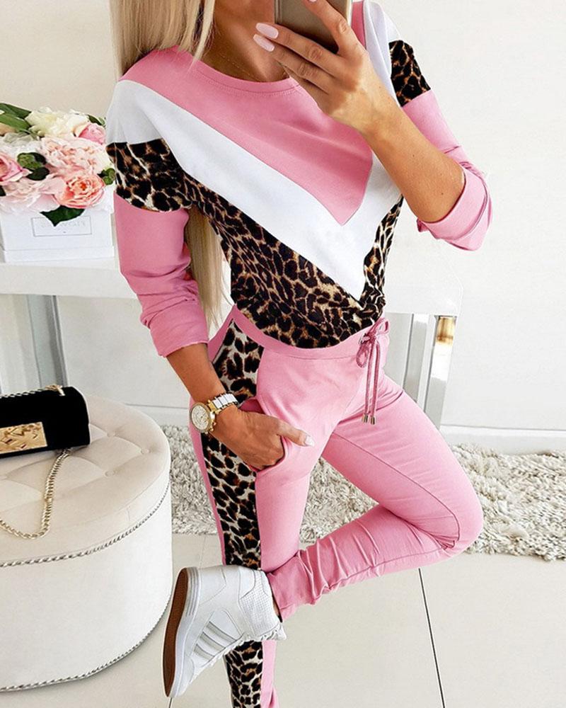 Colorblock Chevron & Leopard Print Top & Pants Set-Pinkami