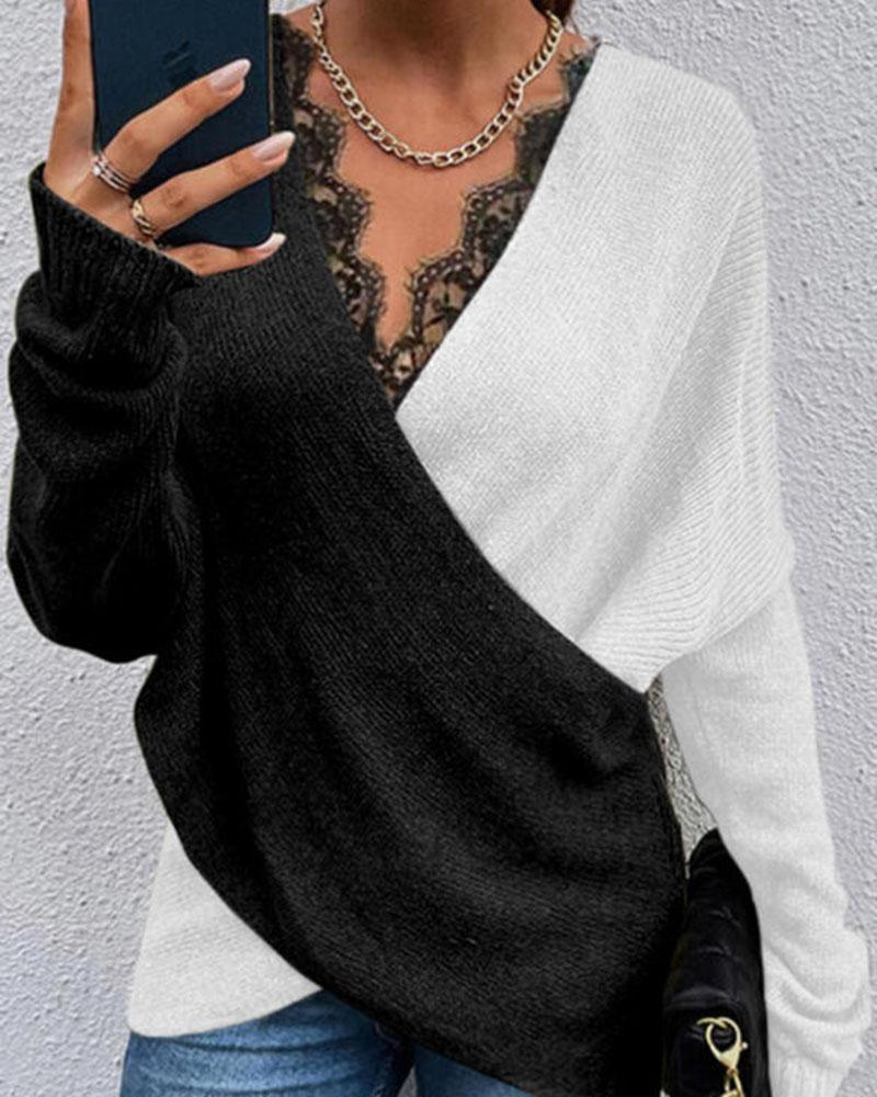 Two Tone Contrast Lace Wrap Batwing Sleeve Sweater-Pinkami