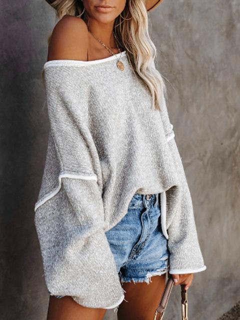 Casual Stitching Flared Sleeve Loose Knit Sweater-Pinkami