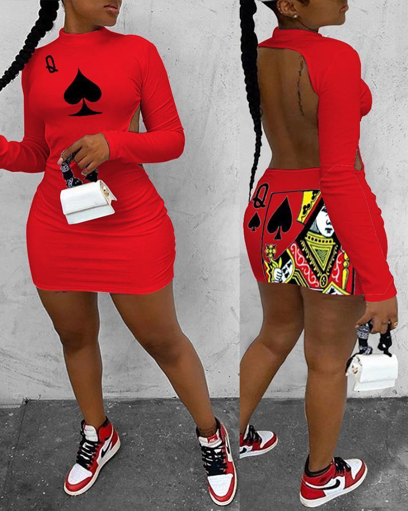 Poker Print Backless Bodycon Dress