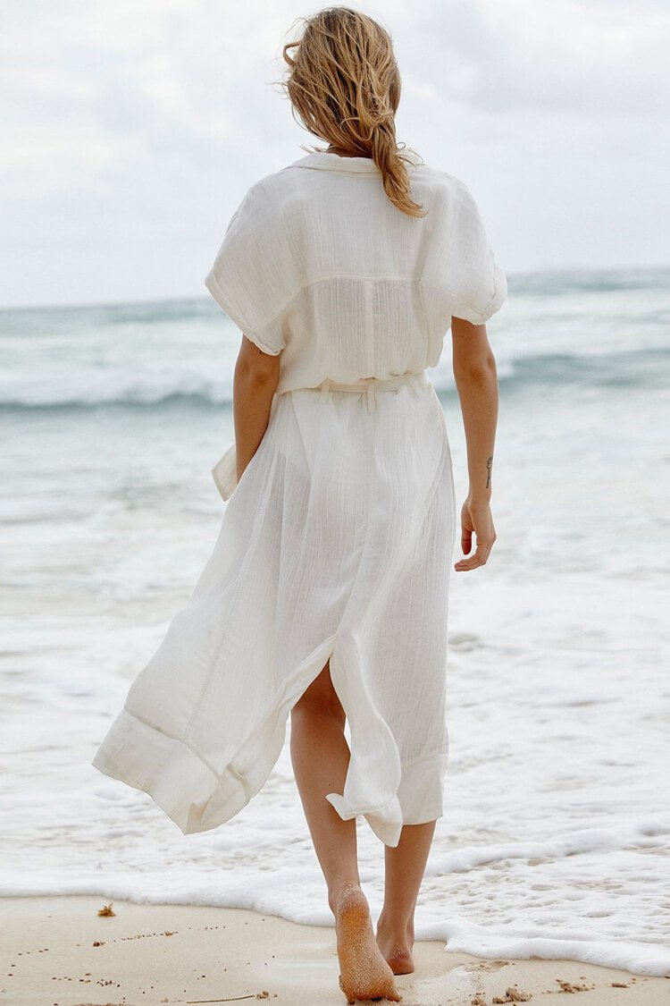 Belted Short Sleeve Button Down Collared Maxi Cover Up-Pinkami