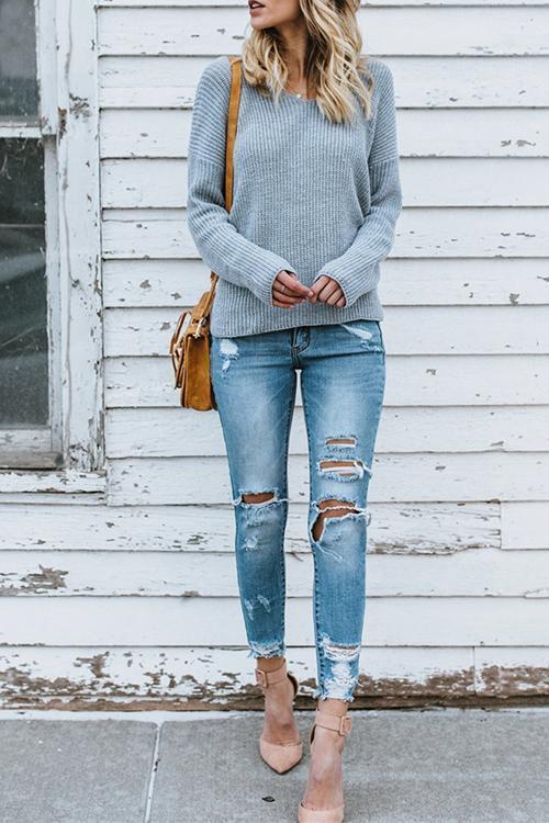 Round Neck Pullover Long Sweater-Pinkami