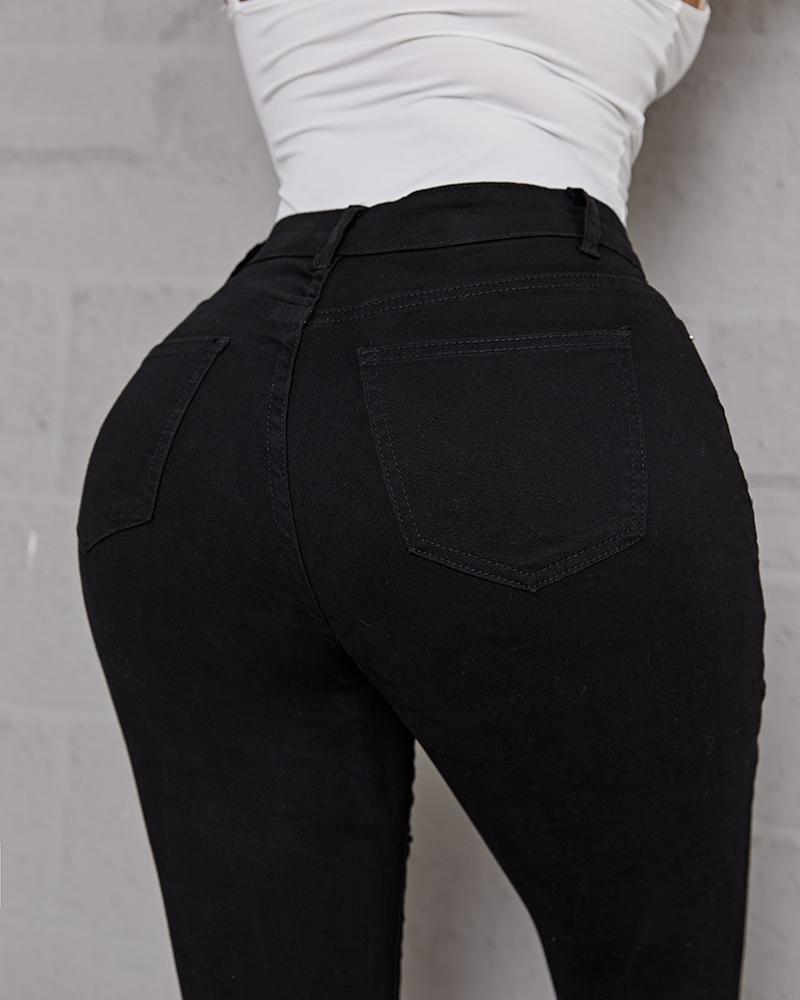 Women Hollow Out Distressed Skinny Jeans-Pinkami