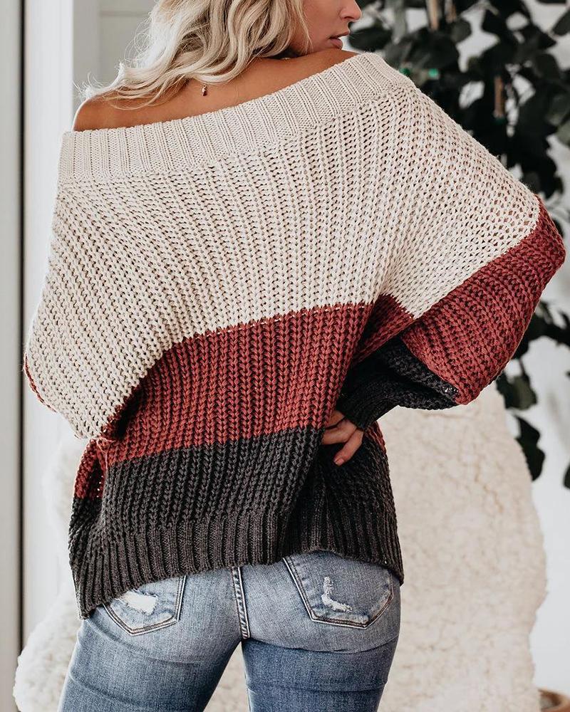 Colorblock Chunky Knit Boat Neck Sweater-Pinkami