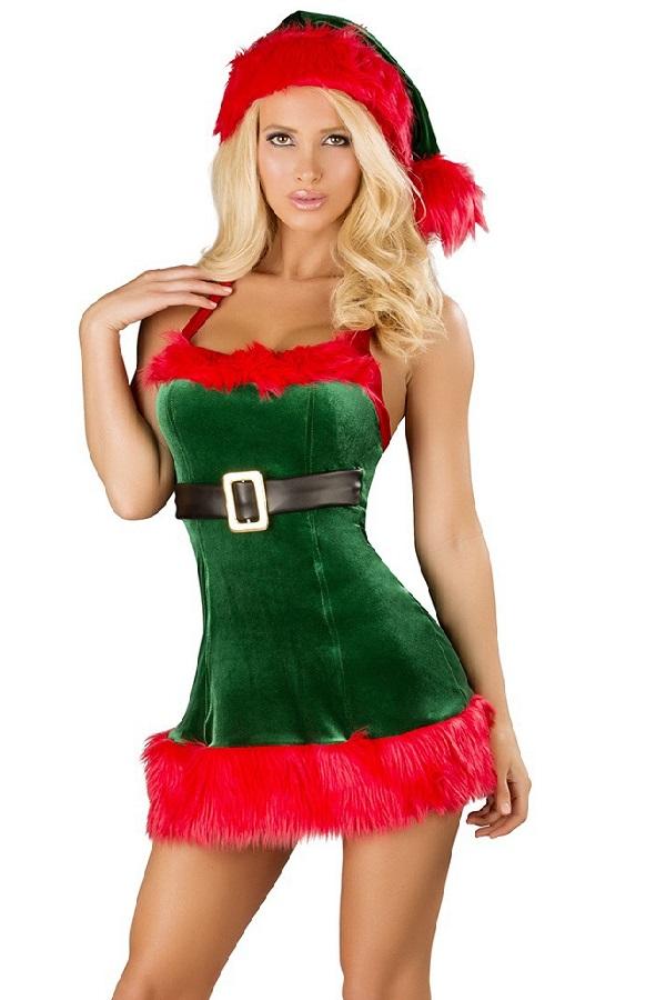 Sexy Fur Trim Christmas Santa Elf Costume for Women-Pinkami