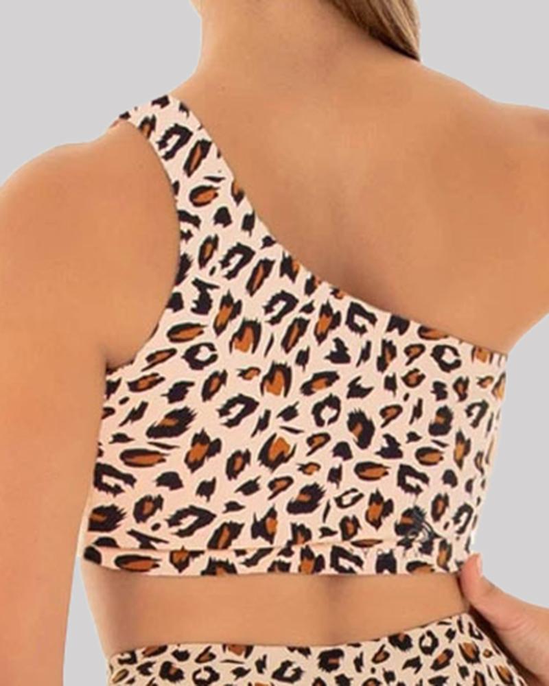 Leopard Print One Shoulder Sports Bra-Pinkami