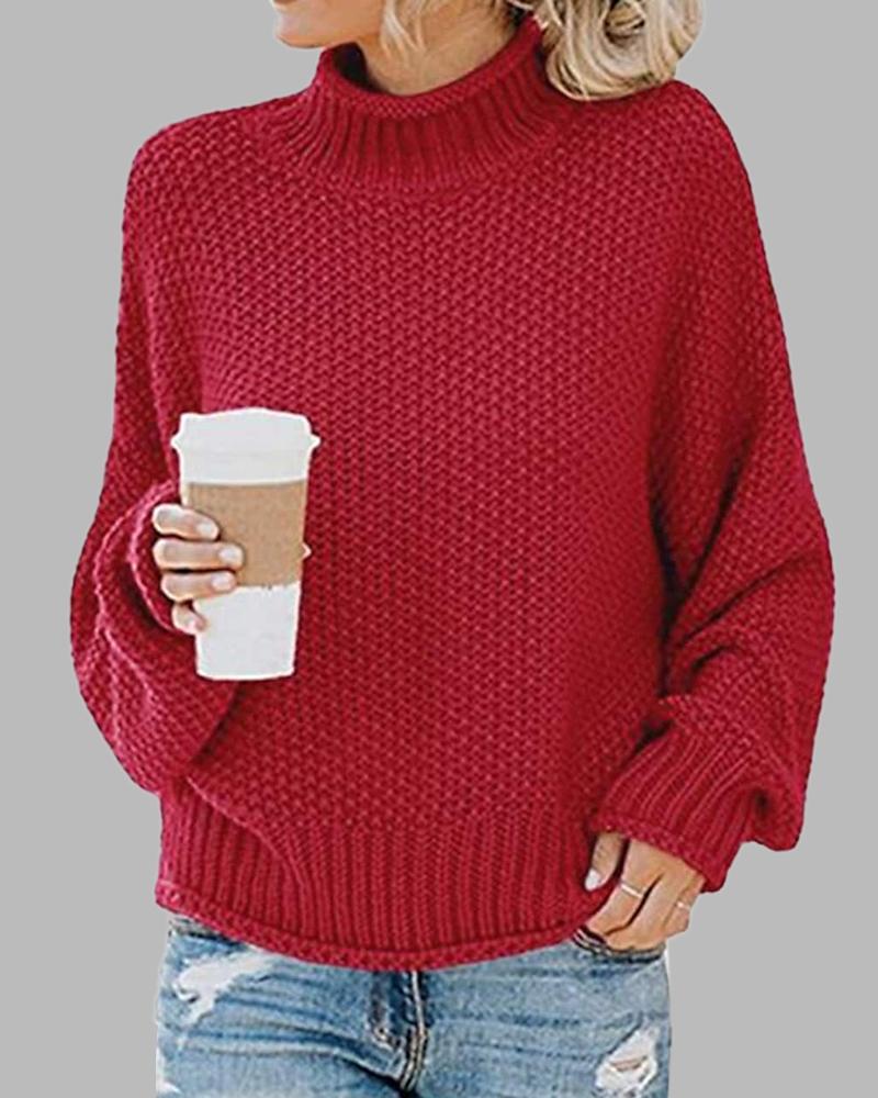 Solid Chunky Knit High Neck Drop Shoulder Sweater-Pinkami
