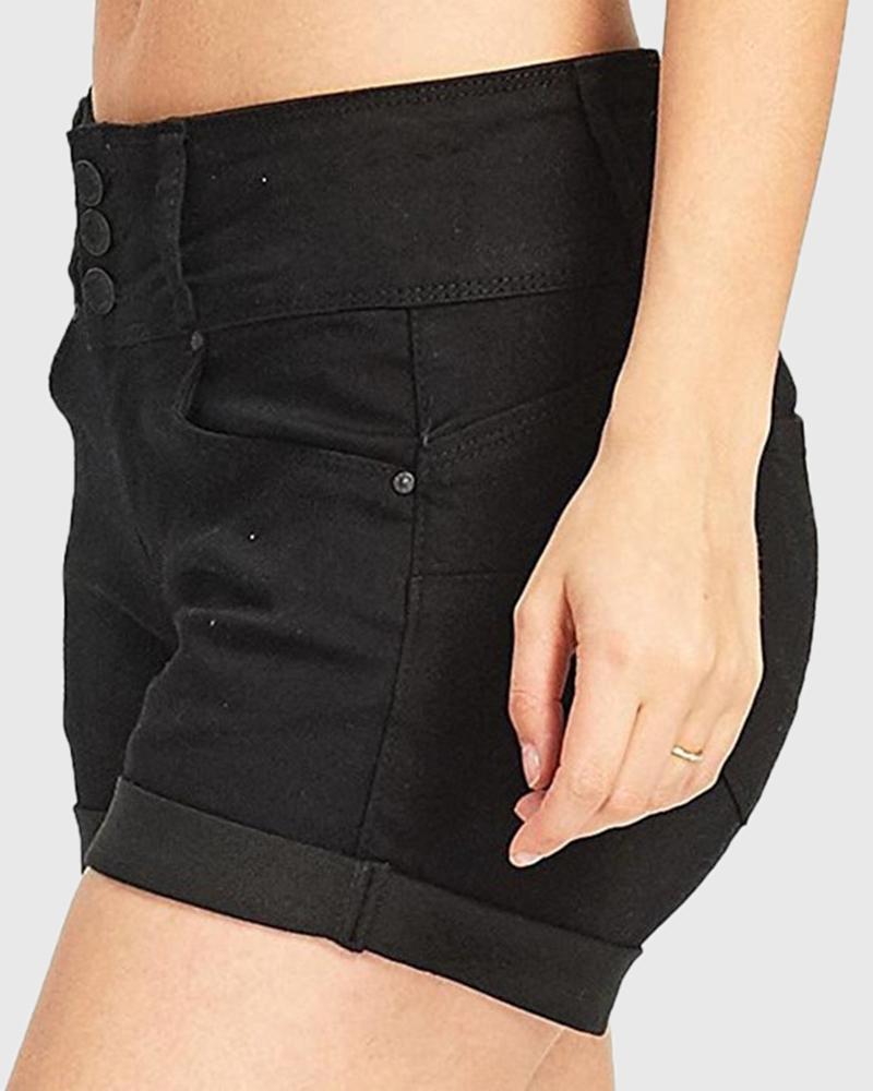 Women High Waist Button Front Roll Up Hem Denim Shorts-Pinkami