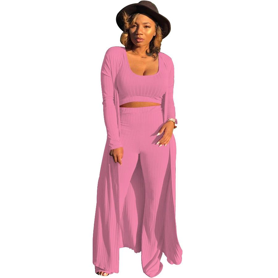 Scoop Neck Ribbed Wide Leg Cardigan & Top & Pants Set