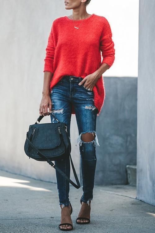 Round Neck Long Sleeve Loose Sweater-Pinkami