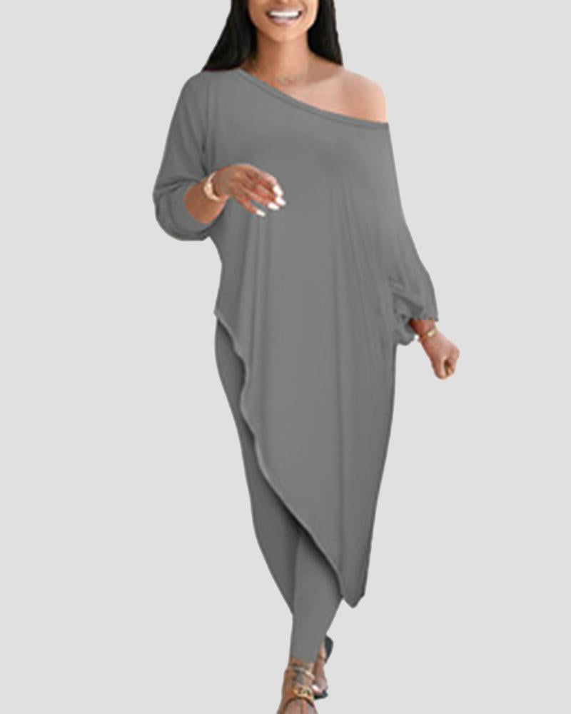 Solid Boat Neck Asymmetrical Long Sleeve Top & Pants Set-Pinkami