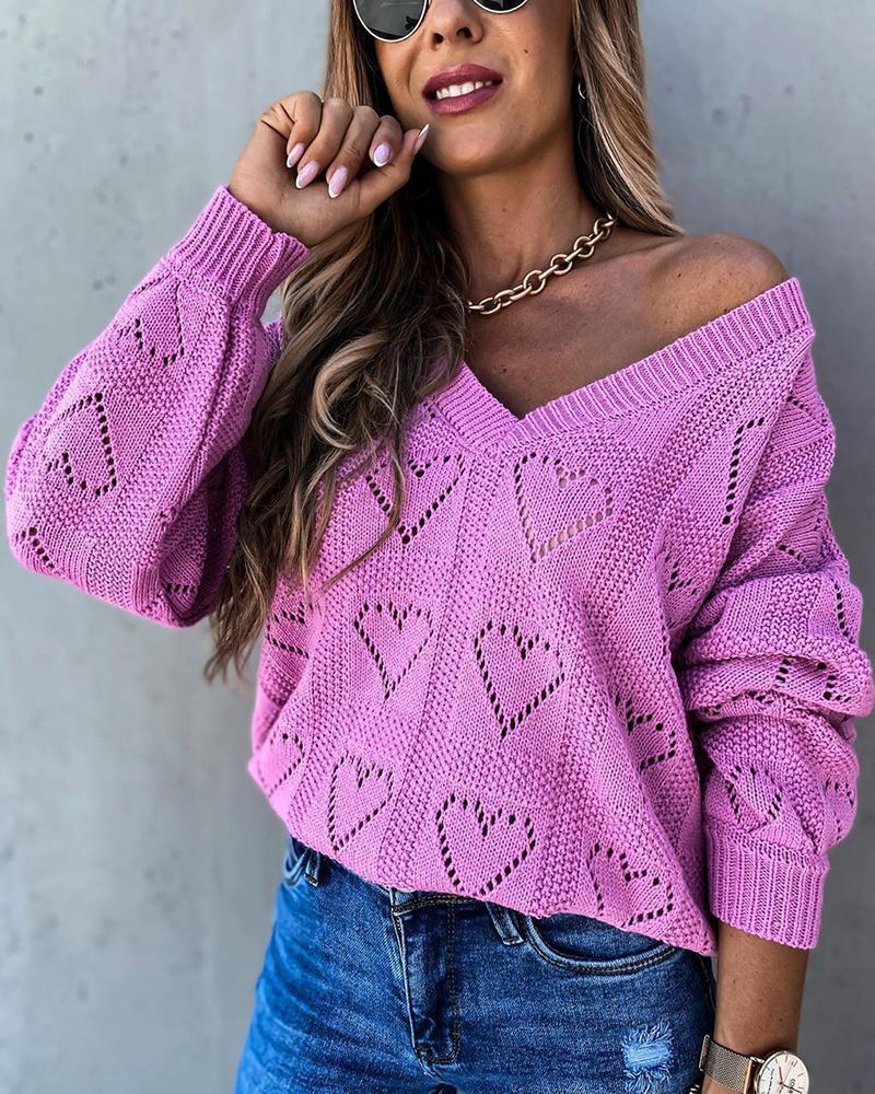 Solid Hollow Out V Neck Sweater-Pinkami